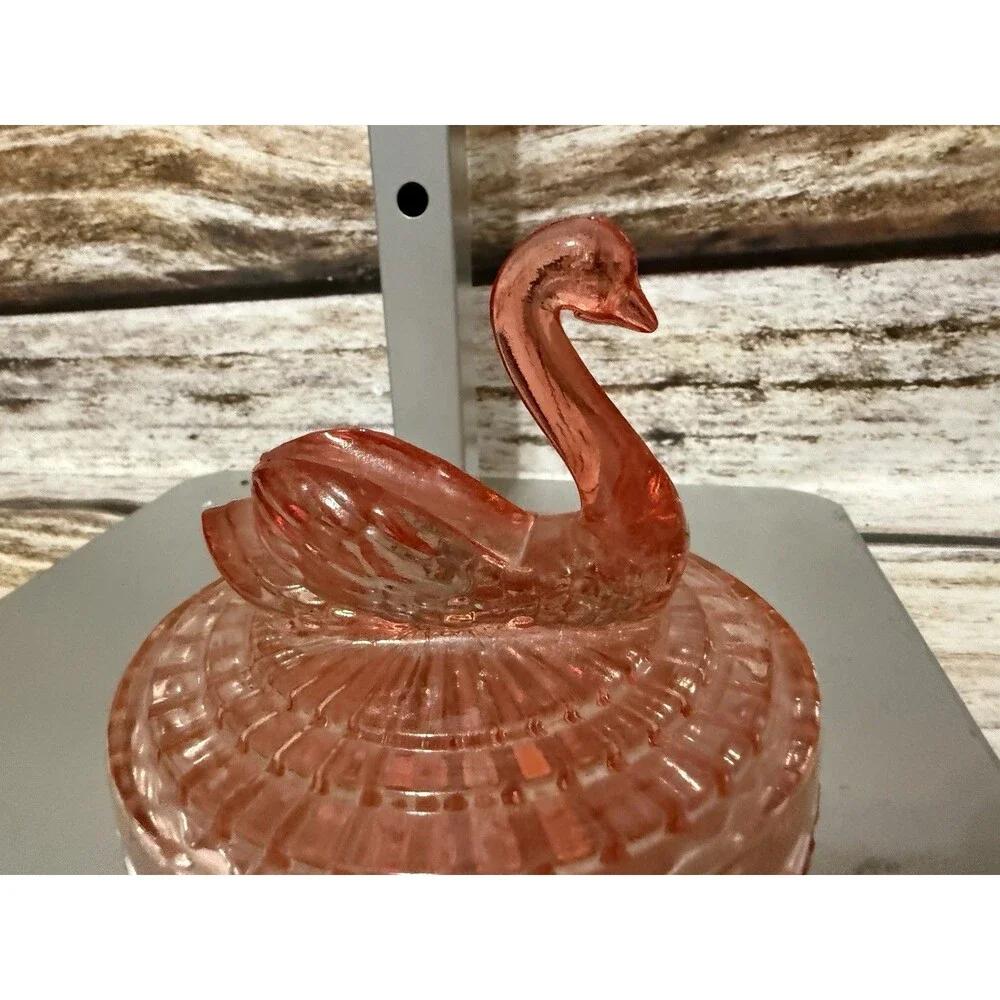 Vintage Jeanette Amberina Glass Powder Dish w/Swan Lipstick Holder Lid